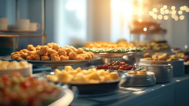 Abundant buffet display with fried bites, cherry tomatoes, and cheese cubes under warm lighting