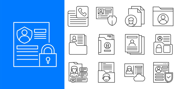 Set of security and data protection icons, including user profiles, folders, and locks for digital safety