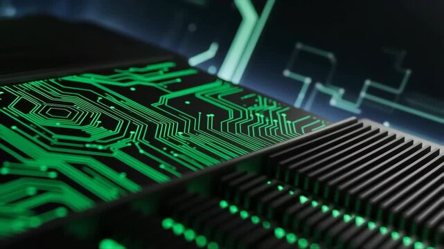 Futuristic computer circuit board with glowing green data pathways
