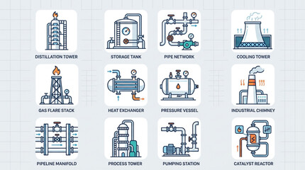 Industrial factory icons collection for manufacturing and production processes. © Bean
