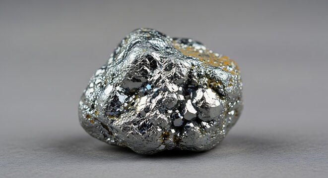 Shiny Metallic Mineral Nugget Resting on Gray Studio Surface