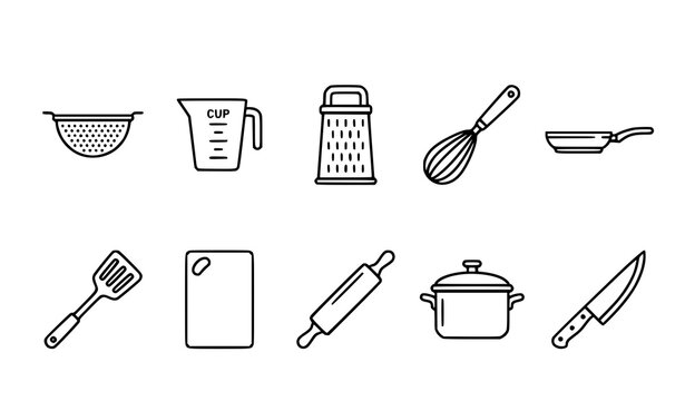 Kitchen utilities line icon set vector with strainer measuring cup and grater isolated on white background