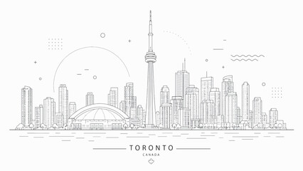 Obraz premium Toronto City Skyline Panorama Line Art Design, Canada Landmark Architectural Sketch with CN Tower and Modern Skyscrapers