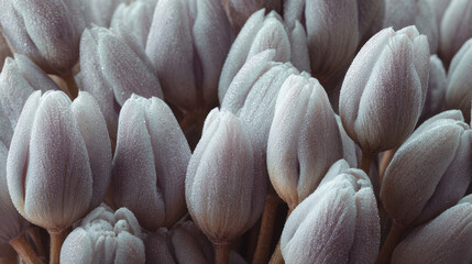 Close-up of buds of soft powdery tulips, located at the bottom of the generation, hundreds of pieces, in the background of a photo studio. © csp_17