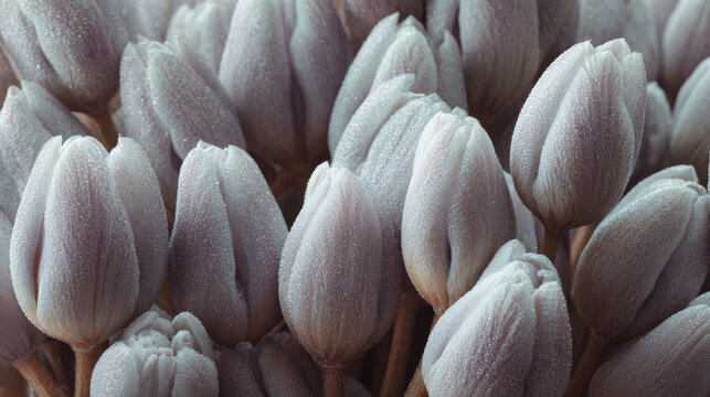 Close-up of buds of soft powdery tulips, located at the bottom of the generation, hundreds of pieces, in the background of a photo studio.