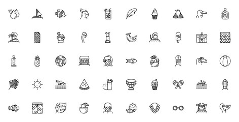 Tropical icon pack. Minimalist vector set. Featuring palm leaves, drinks, beach items, fruits, swimwear, birds, fish, sun and more. Editable stroke design. © wang