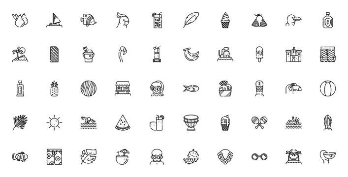 Tropical icon pack. Minimalist vector set. Featuring palm leaves, drinks, beach items, fruits, swimwear, birds, fish, sun and more. Editable stroke design.