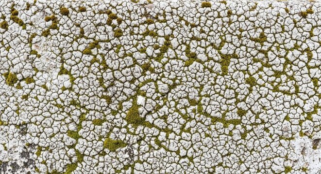 Close-up texture of lichen and moss growing on a weathered, cracked concrete surface