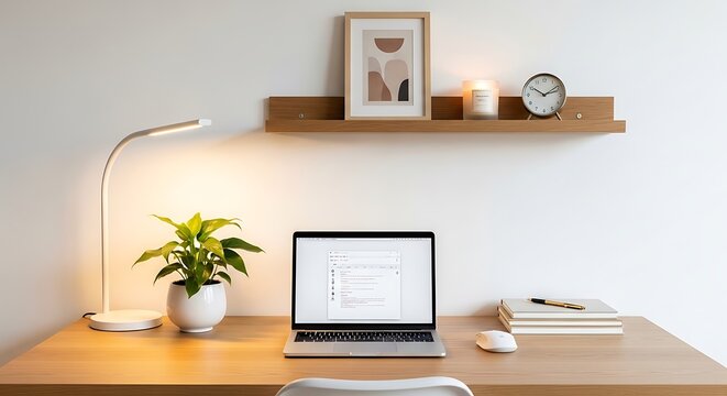Laptop sits on a wooden desk with a desk lamp and office supplies.