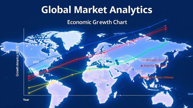 Global market analytics economic growth chart on world map