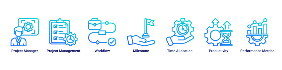 Fototapeta premium Project Execution web banner icon vector illustration with icons of Project Manager, Project Management, Workflow, Milestone, Time Allocation, Productivity and Performance Metrics