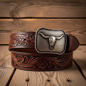 Ornate Brown Leather Belt with Bull Skull Buckle on Rustic Wooden Table