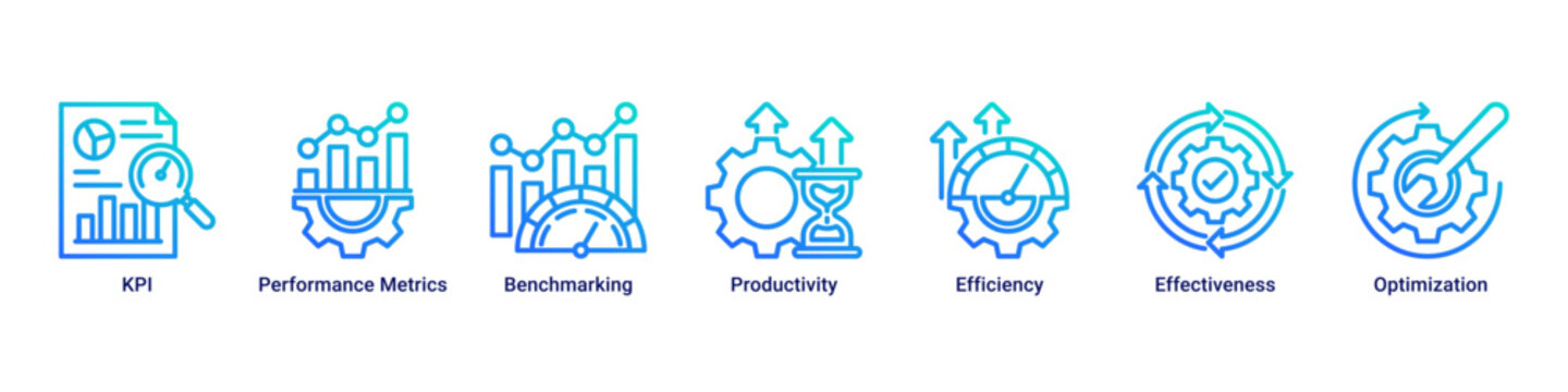 Performance Tracking web banner icon vector illustration with icons of KPI, Performance Metrics, Benchmarking, Productivity, Efficiency, Effectiveness and Optimization