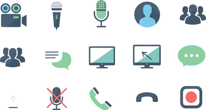 Communication media icon set flat color vector collection audio video call recording chat symbols for web UI app design