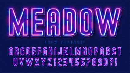 Fototapeta na wymiar Retro multicolored light alphabet design, cabaret, neon gas lamps letters and numbers.