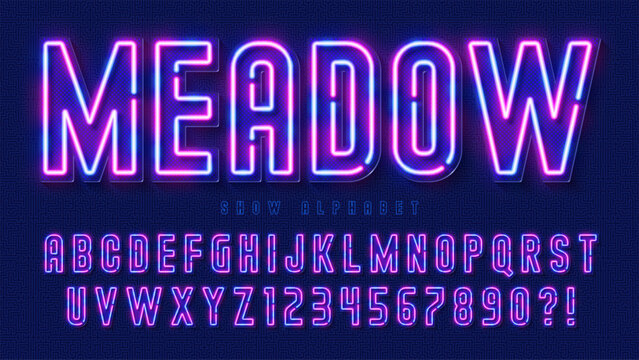 Retro multicolored light alphabet design, cabaret, neon gas lamps letters and numbers.