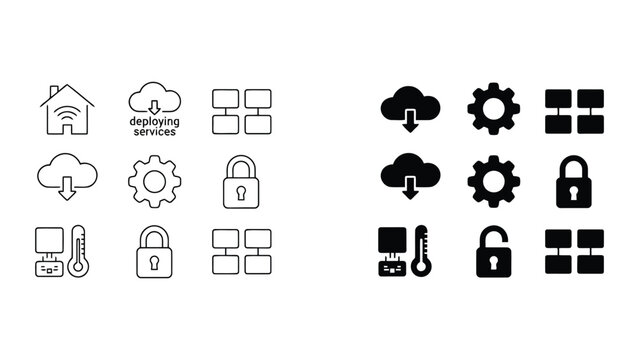 Comprehensive technical service icon set featuring smart home connectivity cloud deployment server management security locks and climate monitoring tools for modern IT infrastructure solutions