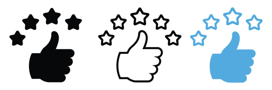 Customer review and satisfaction icon set with thumbs up and five stars, vector illustration for rating, feedback and quality service concepts.