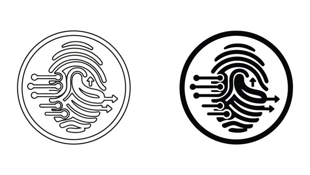 Biometric fingerprint security and digital identity authentication icons set featuring circuit patterns for cyber safety and access control systems in professional flat vector graphic design style
