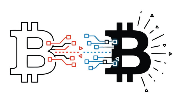 Bitcoin digital currency transaction icon set featuring block chain circuit lines connecting two bitcoin symbols in outline and bicolor vector styles for cryptocurrency finance and tech concepts