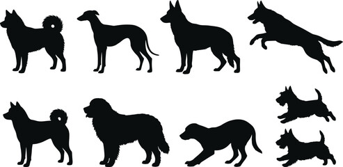 Fototapeta premium Dog Silhouette Collection with Standing Running and Jumping Canine Poses Isolated Vector Set for Pet Design