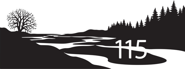 Obraz premium Black silhouette landscape, winding river, tree, forest, 115 icons set, vector graphics