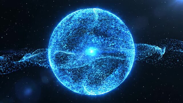 Abstract digital sphere with energy ring in dark space background