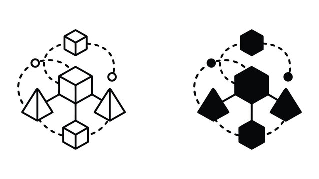 Blockchain architecture icons featuring interconnected cubes and pyramids with network nodes for decentralized data systems and distributed ledger technology concepts in black outline and solid styles
