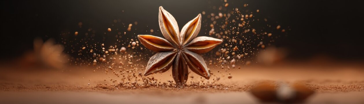 Dry star anise spice pod floating above  pile of aromatic ground brown cinnamon powder particles