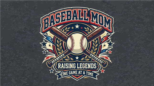 Vintage Baseball Mom Raising Legends Emblem with Crossed Bats and Ball, One Game at a Time Retro Sports Mascot Illustration for Mother's Day and Apparel