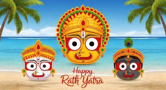Lord jagannath balabhadra and subhadra faces for happy rath yatra festival celebration on a sunny tropical beach