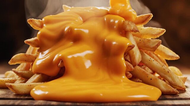 Delicious crispy golden french fries smothered in creamy, rich melted cheese sauce, creating an irresistible comfort food experience