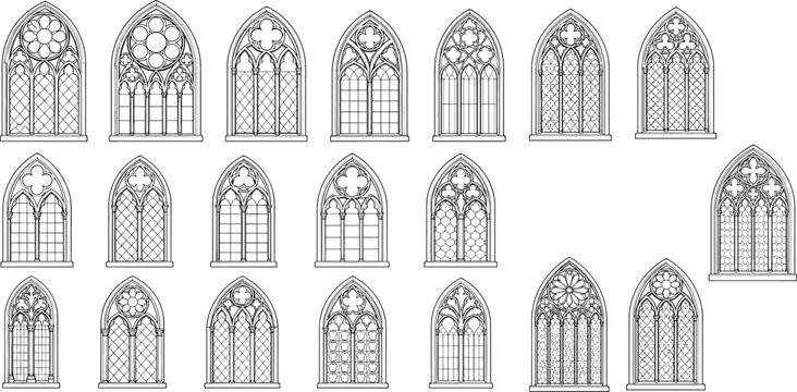 Vintage Gothic Cathedral Window Collection with Ornamental Stained Glass Arch Frames Vector Illustration Set