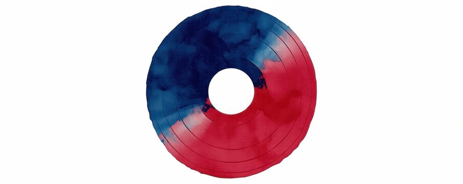 Blue and red watercolor textured vinyl music record with  circular center hole