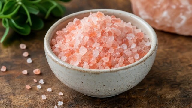 Coarse Himalayan Pink Sea Salt Crystals in a Ceramic Bowl on a Rustic Wooden Background