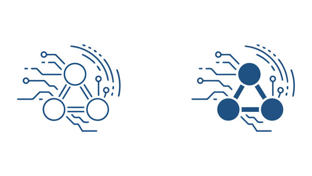 Network node connection with digital circuit lines and circular hub icon for distributed computing and decentralized technology vector set on white background for professional technical design