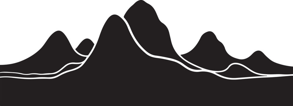 Black mountain range silhouette, landscape vector, simple iconic mountains, white outline