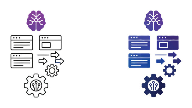 AI driven web application management icon set featuring neural brain and gear automation with browser windows in outline and solid vector design for software development and process optimization