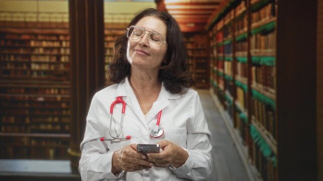 Woman doctor in white coat with red stethoscope holding smartphone and looking up while smiling in a library building; thoughtful reflection.
