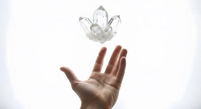 A hand reaching up toward a shiny clear quartz crystal floating in the air