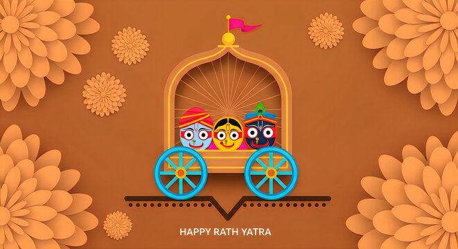 Happy rath yatra festival illustration with lord jagannath balabhadra and subhadra on a traditional wooden chariot