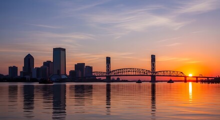 Obraz premium Vibrant City Skyline and Steel Bridge Silhouetted at Sunset Over Calm River