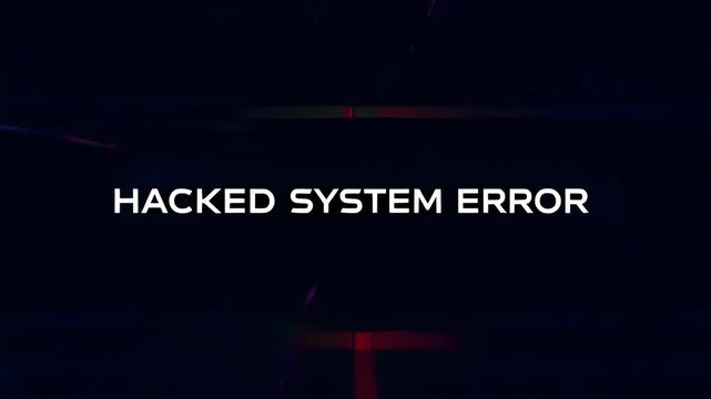 Glitch digital effect on colourful horizontal hacked system error screen in dark cyber background with red green light streaks and blue bar warning concept