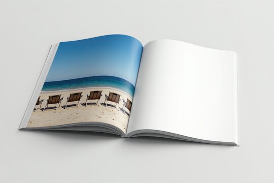 Open magazine spreads show beach chairs on sandy shore before calm blue sea ocean. Blank white page offers copy space for text layout. Minimalist editorial design template.