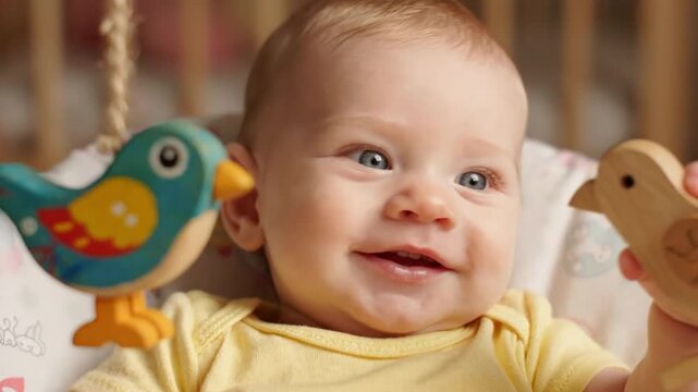 Baby infant toy bird visual tracking milestone smiling yellow shirt close up early development focused on colorful moving toy eyes curiosity face expression close up