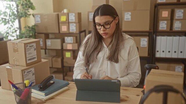 Woman writing on tablet with stylus among stacked shipping boxes at a packing desk in building; focused entrepreneurship growth.