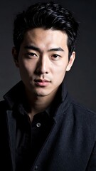 Obraz premium Handsome Young Asian Man Wearing Black Wool Coat Posing For Cinematic Studio Portrait With Dramatic Lighting Against Dark Background