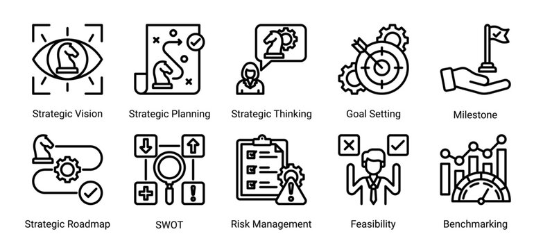 Strategy planning icon set featuring vision,goal setting,roadmap,analysis,and risk management concepts for business decision making and strategic development