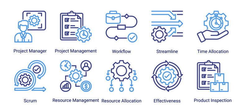 Project workflow icon set featuring management,resource allocation,workflow,and agile concepts for efficient project execution and task management