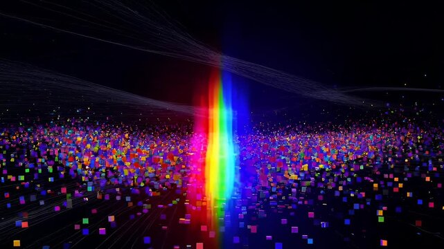 Glitch digital effect colourful horizontal rainbow light beam abstract particle field on dark background with vibrant neon glow and motion energy for SEO optimized searchable abstract video title